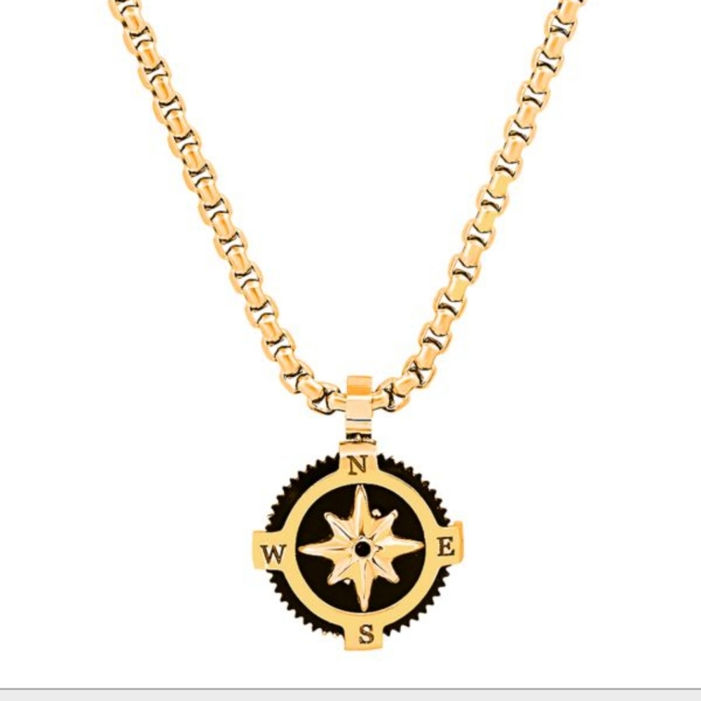 18k GOLD Plated Compass 24ibch Box Chain Necklace - Picture 1 of 1